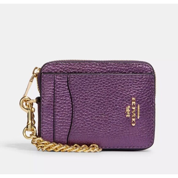 Coach CF415 Metallic Plum Purple Zip Card Case Pebble Leather Chain ID Wallet - Picture 7 of 8